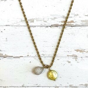 Gold Plated Rope Chain w/ Pave & Pearl Pendant Necklace